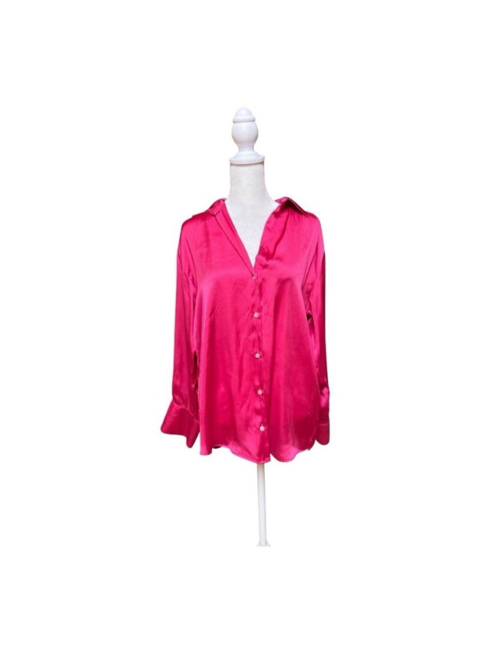 Zara Satin Button Front Blouse Pink Long Sleeve Collared Top Size S